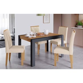 Conjunto: Mesa de Cozinha Grace Tampo Madeirado 130x90cm e 4 Cadeiras Nicole Nature/Suede Nude Bege - Cimol