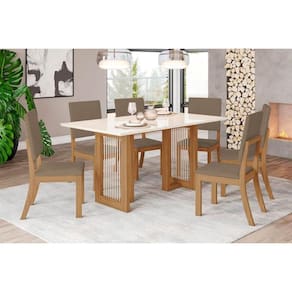 Conjunto: Mesa de Cozinha Yara SC79 Tampo Madeirado c/ Vidro Canto Curvo 160x90cm e 6 Cadeiras Milla Nature/Suede Light Marrom Amêndoa - Henn