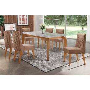 Conjunto: Mesa de Cozinha Londrina Tampo Madeirado c/ Vidro 180x90cm e 6 Cadeiras Dafne Imbuia/Suede Capuccino - Rufato