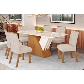 Conjunto: Mesa de Cozinha Épic SC24 Tampo Madeirado c/ Vidro Canto Curvo 160x90cm e 6 Cadeiras Vita Nature/Suede Light Linho - Henn