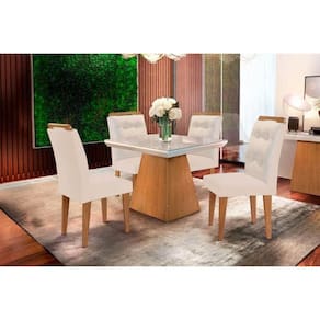 Conjunto: Mesa de Cozinha Luna c/ Tampo Madeirado c/ Vidro Canto Curvo 90x90cm e 4 cadeiras Imperatriz Imbuia/Off White - Suede Creme - Rufato