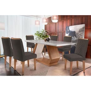 Conjunto: Mesa de Cozinha Alvorada Tampo Madeirado c/ Vidro Canto Reto 180x90cm e 6 Cadeiras Jade Imbuia/Off White - Suede Grafite - Rufato