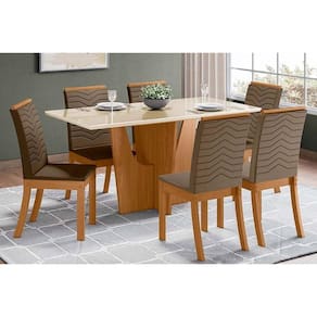Conjunto: Mesa de Cozinha Vértice c/ Tampo Reto Madeirado c/ Vidro 160x80cm e 6 Cadeiras Isa Nature/Suede Light Bege - Henn