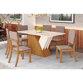 Conjunto: Mesa de Cozinha Épic SC24 Tampo Madeirado c/ Vidro Canto Curvo 160x90cm e 6 Cadeiras Milla Nature/Suede Light Marrom Amêndoa - Henn