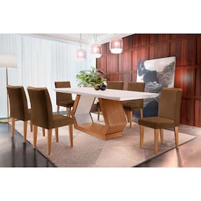 Conjunto: Mesa de Cozinha Alvorada c/ Tampo Madeirado Canto Reto 180x90cm e 6 Cadeiras Amsterdã Imbuia/Off White - Suede Marrom - Rufato