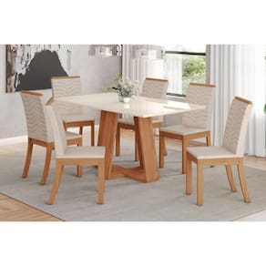 Conjunto: Mesa de Cozinha Lins SC91 Tampo Madeirado c/ Vidro Canto Reto 120x80cm e 6 Cadeiras Isa Nature/Linho - Henn