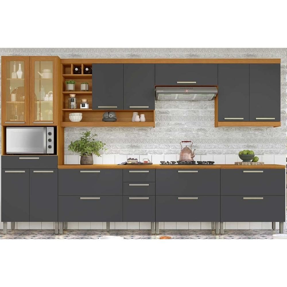 Kit de Cozinha Completa 7 Peças Burguesa Premium (3Aéreos+3Balcões+1Paneleiro) C6P58 Freijo/Grafite - Nesher