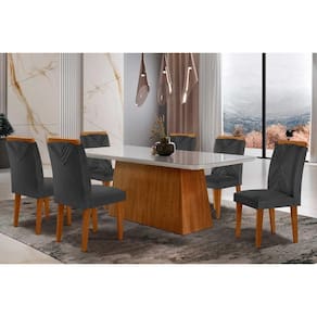 Conjunto: Mesa de Cozinha Luna Tampo Madeirado c/ Vidro Curvo 180x90 e 6 Cadeiras Amsterdã Capuccino/Suede Grafite - Rufato