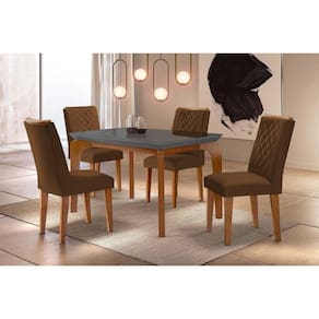 Conjunto: Mesa de Cozinha Londrina c/ Tampo Madeirado c/ Vidro Canto Reto 120x80cm e 4 cadeiras Jade Imbuia/Grafite - Suede Marrom - Rufato