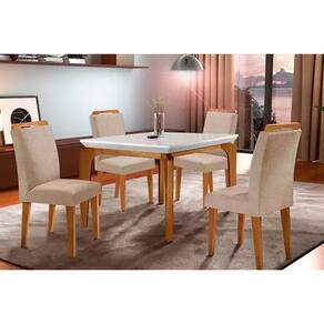 Conjunto: Mesa de Cozinha Londrina Tampo Madeirado c/ Vidro 120x80cm e 4 Cadeiras Athenas Capuccino/Linho Bege Turim - Rufato