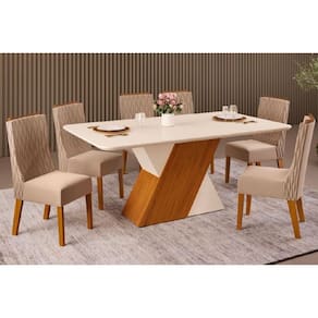 Conjunto: Mesa de Cozinha Rubi c/ Tampo Madeirado c/ Vidro 170x90cm e 6 Cadeiras Jade Freijo/Off White/Off White - Suede Kraft - DJ Móveis