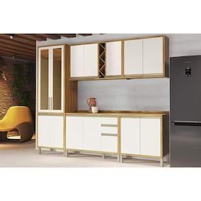Kit Cozinha Modulada 5 Peças Tempranillo (2Aéreos+2Balcões+1Cristaleira) C5P81 Amendoa/Off White - Ronipa