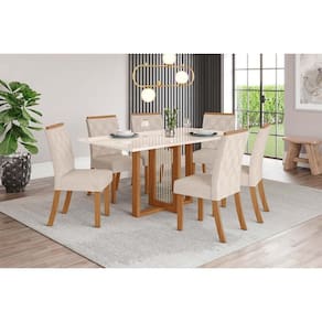 Conjunto: Mesa de Cozinha Natalí c/ Tampo Madeirado c/ Vidro Reto 160x90cm e 6 Cadeiras Vita Nature/Linho - Henn