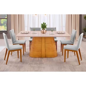 Conjunto: Mesa Sala Jantar Ryze Tampo Madeirado c/ Vidro Curvo 180x100cm e 6 Cadeiras Sofia Cedro/Off White - Ipe/Linho Neve - DJ Móveis