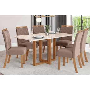 Conjunto: Mesa de Cozinha Natali c/ Tampo Madeirado c/ Vidro Curvo 160x90cm e 6 Cadeiras Bella Nature/Suede Light Marrom Amendoa - Henn
