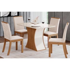 Conjunto: Mesa de Cozinha Luiza c/ Tampo de Vidro 120x80cm e 4 Cadeiras Isa Nature/Off White - Linho Bege - Henn