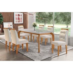 Conjunto: Mesa de Cozinha Londrina Tampo Madeirado c/ Vidro 180x90cm e 6 Cadeiras Imperatriz Capuccino/Suede Creme - Rufato