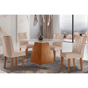 Conjunto: Mesa de Cozinha Luna c/ Tampo Madeirado c/ Vidro Canto Curvo 90x90cm e 4 cadeiras Jade Imbuia/Off White - Suede Creme - Rufato