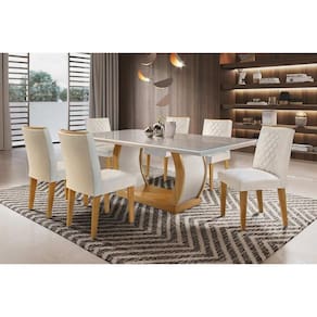 Conjunto: Mesa de Cozinha Jade Tampo Madeirado c/ Vidro Canto Reto 180x90cm e 6 Cadeiras Jade Capuccino/Suede Creme - Rufato