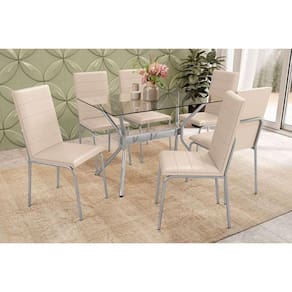 Conjunto: Mesa de Cozinha Loire c/ Tampo de Vidro 120x80cm e 6 Cadeiras Amsterdã Cromada - Nude - Kappesberg
