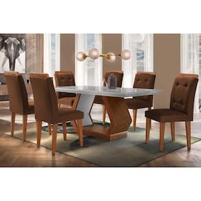 Conjunto: Mesa de Cozinha Alvorada Tampo Madeirado c/ Vidro Canto Reto 180x90cm e 6 Cadeiras Imperatriz Imbuia/Off White - Suede Marrom - Rufato