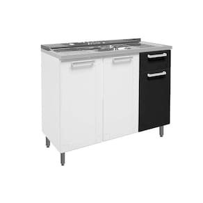 Balcão de Cozinha Modulado c/ Pia Múltipla c/ 3 Portas e 1 Gaveta Branco/Preto - Bertolini