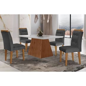 Conjunto: Mesa de Cozinha Luna c/ Tampo Madeirado c/ Vidro Canto Curvo 120x80cm e 4 cadeiras Imperatriz Imbuia/Off White - Suede Grafite - Rufato