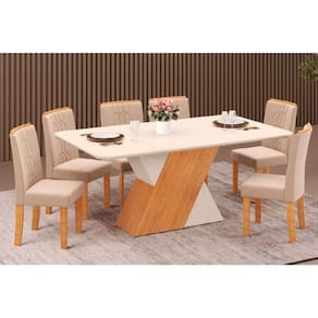 Conjunto: Mesa de Cozinha Rubi Tampo Madeirado c/ Vidro Curvo 170x90cm e 6 Cadeiras Zoe Cedro/Off White/Off White - Suede Creme - DJ Móveis