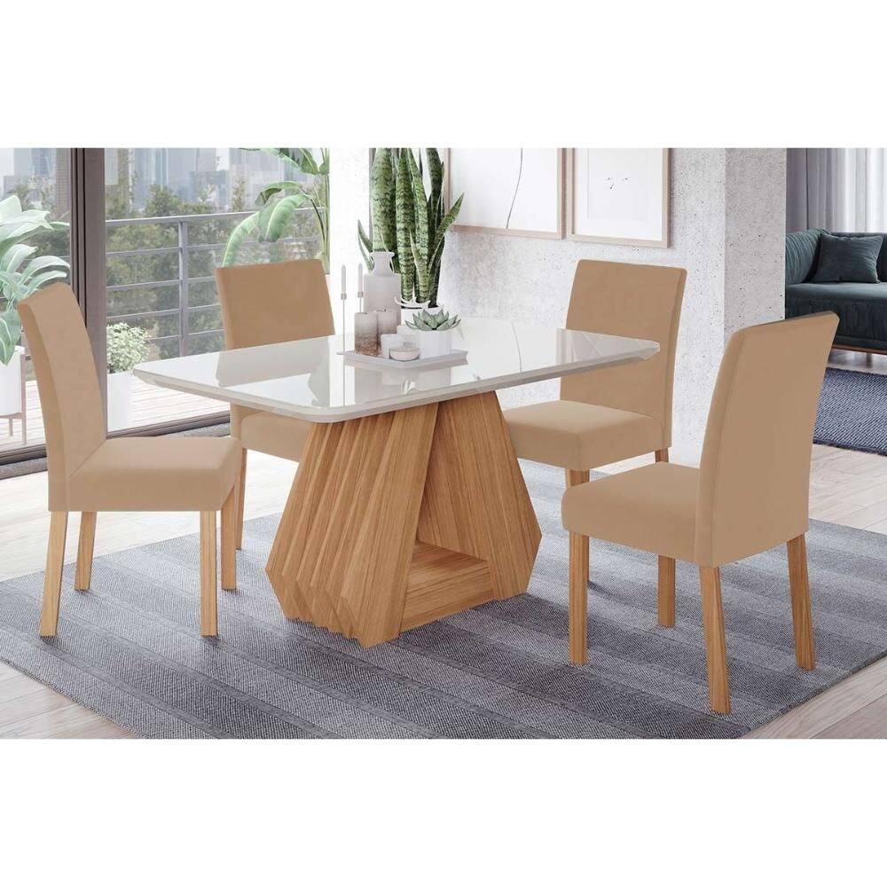 Conjunto: Mesa de Cozinha Ágata c/ Tampo Madeirado c/ Vidro 130x80cm e 4 Cadeiras Maia Cinamomo/Suede Gengibre Bege - Cimol