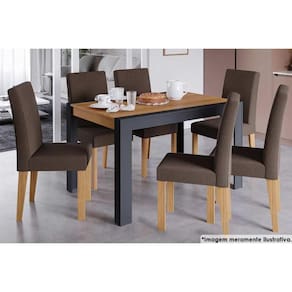 Conjunto: Mesa de Cozinha Grace c/ Tampo Madeirado 130x90cm e 6 Cadeiras Maia Grafite/Nature-Suede Mascavo Chocolate - Cimol