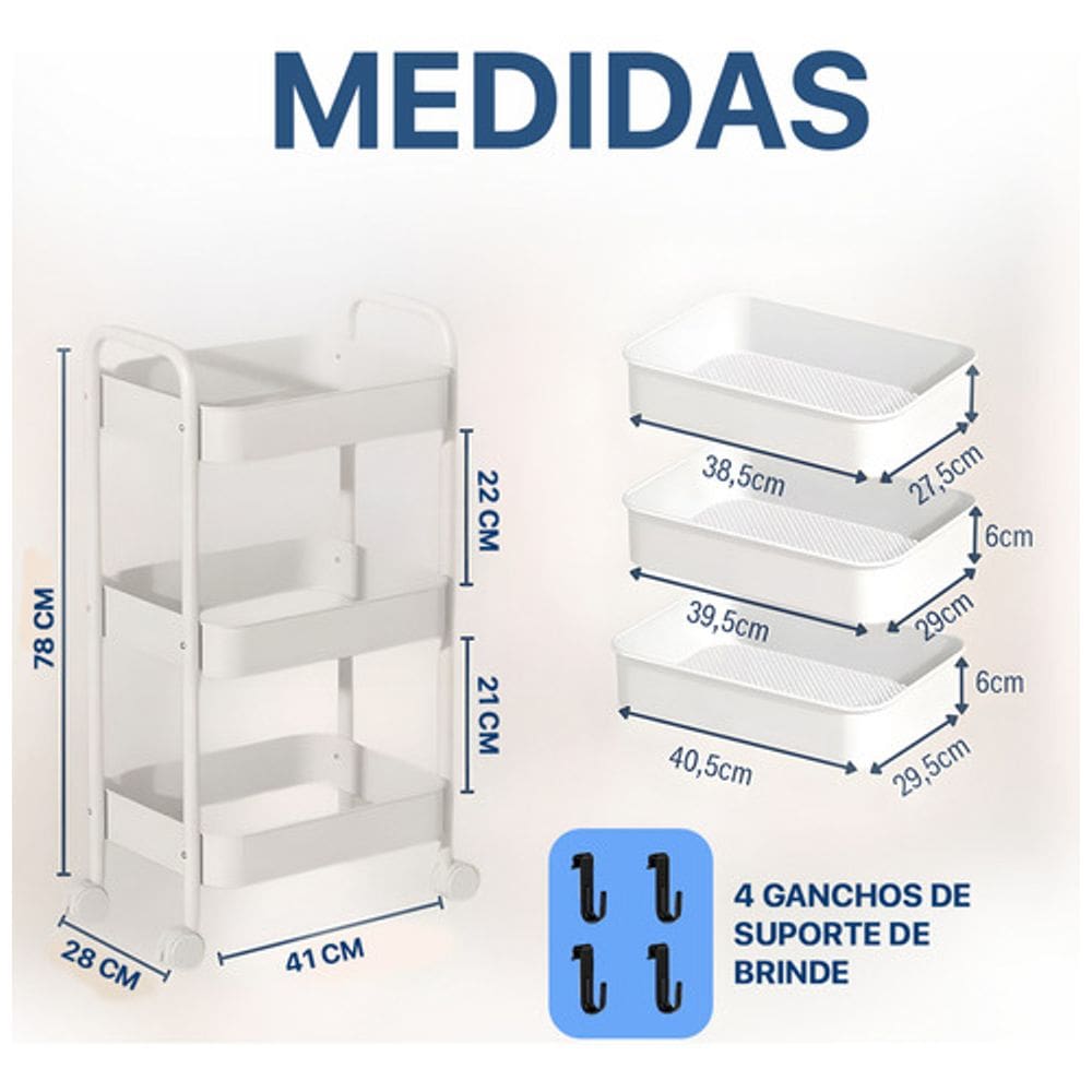 CarrinhoOrganizadorEm Metal 3 Divisórias Branco ComRodas
