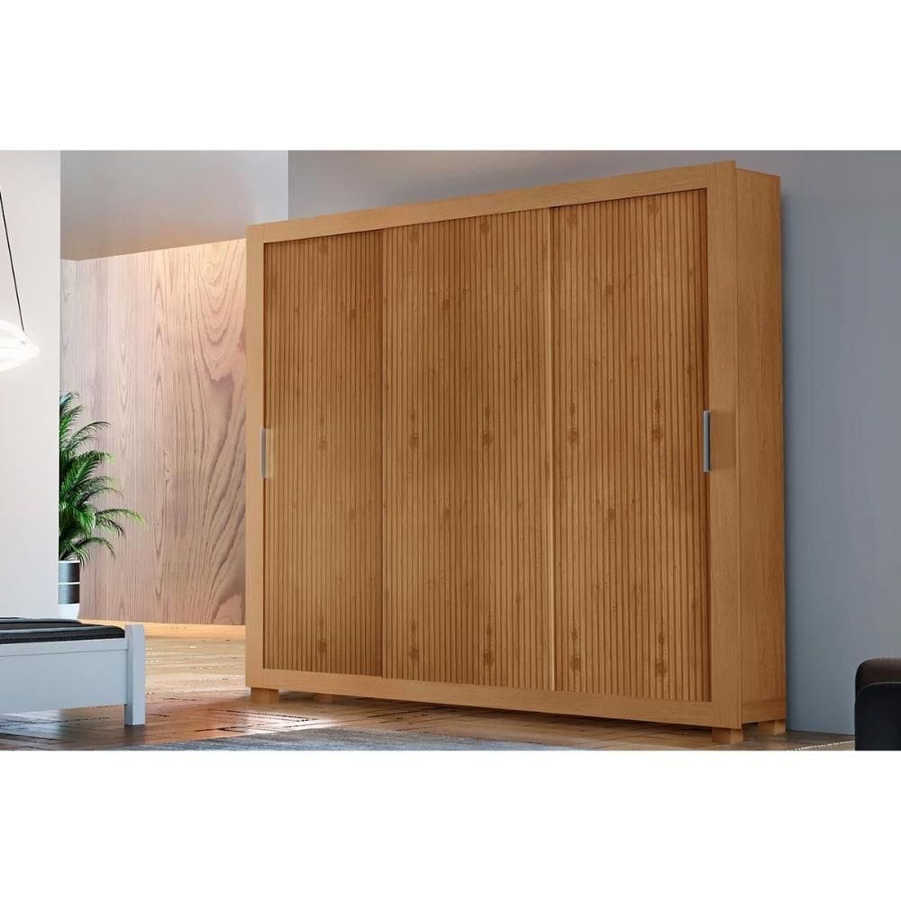 Guarda Roupas 3 Portas de Correr de e 4 Gavetas c/ Pés Veneza Naturalle/Ripado 3D - Rufato