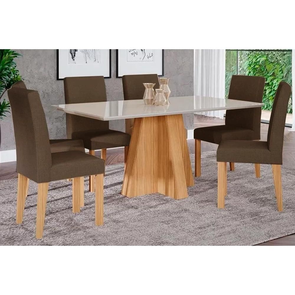 Conjunto: Mesa de Cozinha Patricia c/ Tampo Madeirado c/ Vidro Canto Reto 160x80m e 6 Cadeiras Maia Nature/Suede Mascavo Chocolate - Cimol