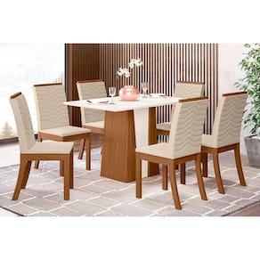 Conjunto: Mesa de Cozinha Orus Tampo Madeirado 120x80cm e 6 Cadeiras Isa Nature/Off White - Linho Bege - Henn