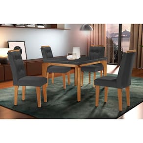 Conjunto: Mesa de Cozinha Londrina c/ Tampo Madeirado c/ Vidro Canto Curvo 120x80cm e 4 cadeiras Imperatriz Imbuia/Grafite - Suede Grafite - Rufato