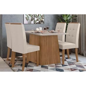 Conjunto: Mesa Sala Jantar Nevada Tampo Madeirado 130cm e 4 Cadeiras Celebrare Amendoa/Off White - Suede Creme - Lopas