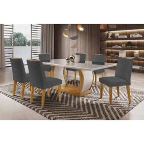 Conjunto: Mesa de Cozinha Jade Tampo Madeirado c/ Vidro Canto Curvo 180x90cm e 6 Cadeiras Jade Imbuia/Off White - Linho Grafite - Rufato