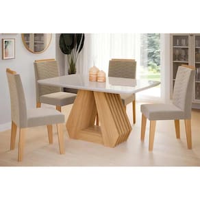 Conjunto: Mesa de Cozinha Ágata Tampo Madeirado c/ Vidro 130x80cm e 4 Cadeiras Clarice Madeirado/ Linho Bege - Cimol