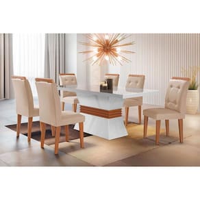 Conjunto: Mesa de Cozinha Ágata Tampo Madeirado c/ Vidro Canto Reto 180x90cm e 6 Cadeiras Imperatriz Capuccino/Suede Creme - Rufato