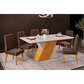 Conjunto: Mesa de Cozinha Rubi Tampo Madeirado c/ Vidro Curvo 170x90cm e 6 Cadeiras Lia Cedro/Off White/Off White - Suede Moca - DJ Móveis