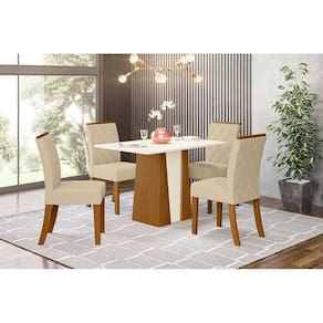 Conjunto: Mesa de Cozinha Orus Tampo Madeirado c/ Vidro 120x80cm e 4 Cadeiras Vita Nature/Linho - Henn