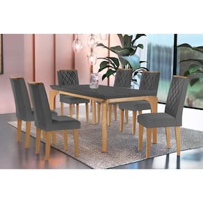 Conjunto: Mesa de Cozinha Londrina c/ Tampo Madeirado Vidro Canto Curvo 180x90cm e 6 cadeiras Jade Imbuia/Grafite - Linho Grafite - Rufato