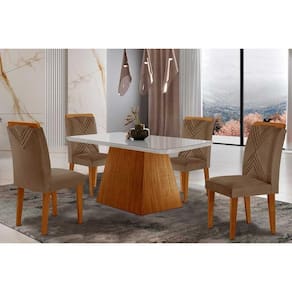 Conjunto: Mesa de Cozinha Luna Tampo Madeirado c/ Vidro Canto Reto 120x80 e 4 Cadeiras Amsterdã Imbuia/Suede Capuccino - Rufato