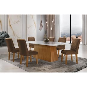 Conjunto: Mesa de Cozinha Luna c/ Tampo de Vidro Canto Curvo 180x90cm e 6 cadeiras Londrina Imbuia/Off White - Suede Marrom - Rufato