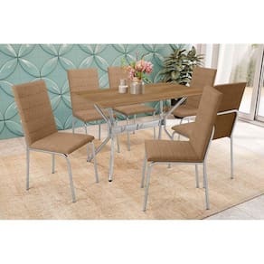 Conjunto: Mesa de Cozinha Loire c/ Tampo de Madeira 160cm e 6 Cadeiras Amsterdã Cromada/Capuccino - Kappesberg
