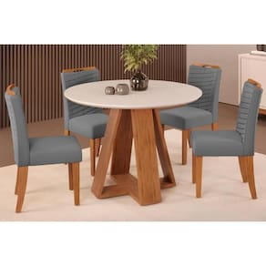 Conjunto: Mesa Sala Jantar Celeste Tampo Madeirado c/ Vidro Redondo 103x103cm e 4 Cadeiras Julia Freijo/Off White - Suede Lunar - DJ Móveis