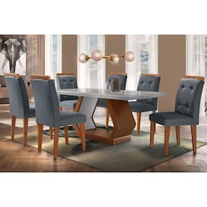 Conjunto: Mesa de Cozinha Alvorada Tampo Madeirado c/ Vidro Canto Reto 180x90cm e 6 Cadeiras Imperatriz Imbuia/Off White - Suede Grafite - Rufato
