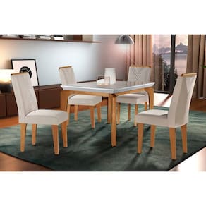 Conjunto: Mesa de Cozinha Londrina c/ Tampo Madeirado c/ Vidro Canto Curvo 120x80cm e 4 cadeiras Amsterdã Imbuia/Off White - Suede Creme - Rufato