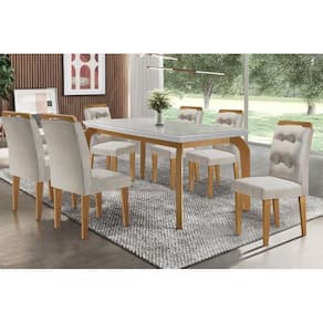 Conjunto: Mesa de Cozinha Londrina Tampo Madeirado c/ Vidro 180x90cm e 6 Cadeiras Imperatriz Capuccino/Suede Creme - Rufato