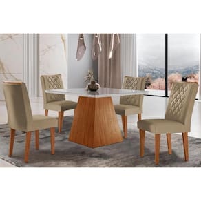 Conjunto: Mesa de Cozinha Luna c/ Tampo Madeirado c/ Vidro Canto Curvo 90x90cm e 4 cadeiras Jade Imbuia/Off White - Suede Capuccino - Rufato